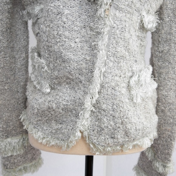 Soft light gray fringe trimmed fuzzy cardigan sweater with sequins by Monoreno S - Picture 2 of 9